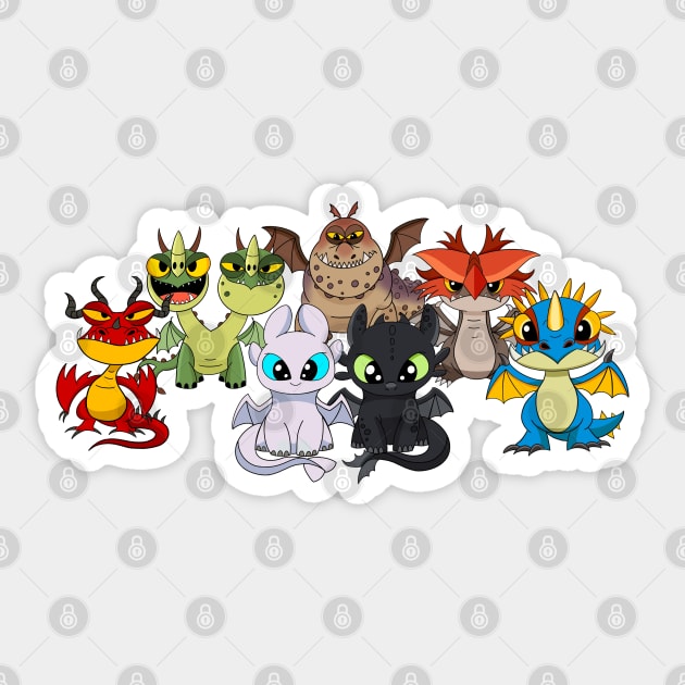 Httyd dragons, cute chibi dragons Set, light fury, night fury, toothless, stormfly, meatlug Sticker by PrimeStore